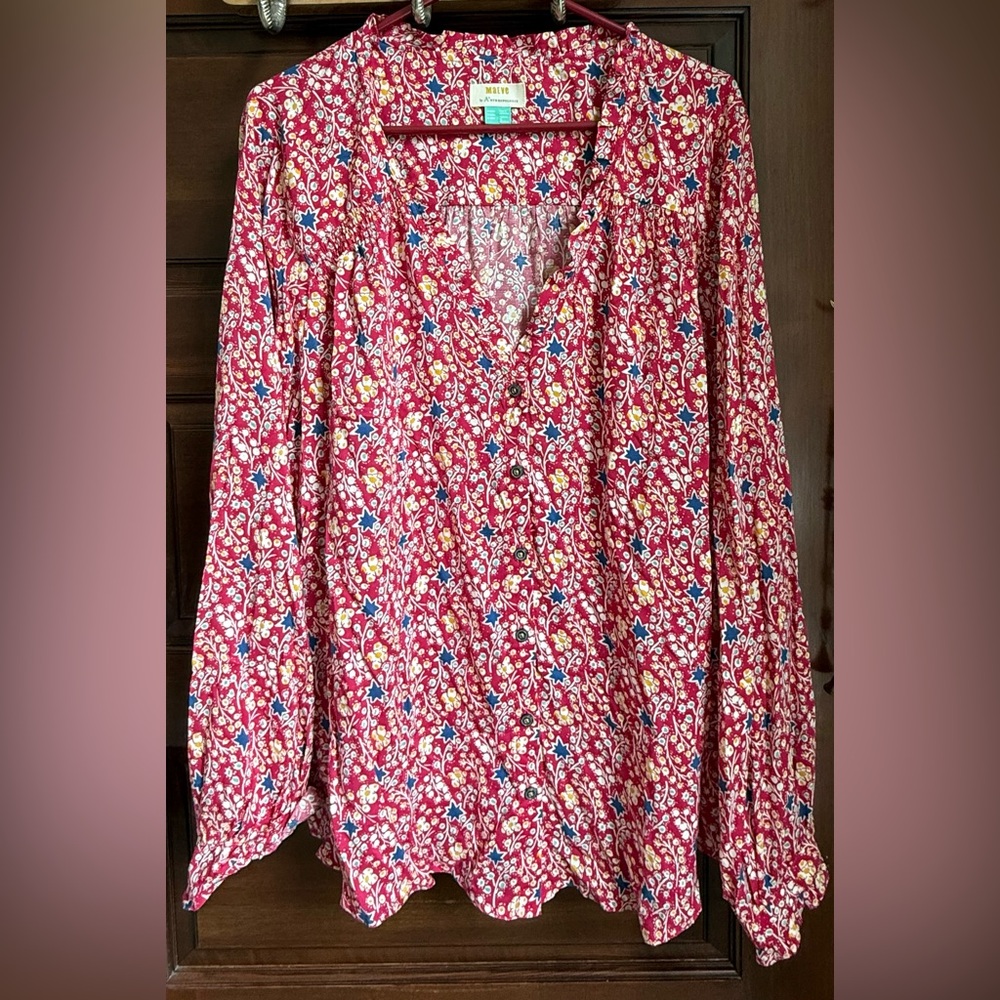 NWOT Anthropologie Maeve Plus Long Sleeved Red Print Blouse